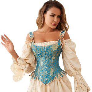 Women First Blue/Gold Victorian Vintage Brocade Lace Up Overbust Corset